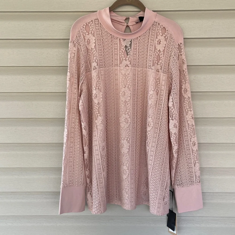 Halogen Pink Smoke Floral Lace Mock Neck Top